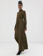 Asos Design Long Sleeve Maxi Dress With Roll Neck And Self Belt - Green