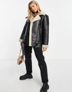 Stradivarius Faux Leather Aviator Jacket With Contrast Shearling In Black
