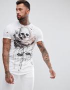 Religion Longline T-shirt With Curved Hem In Skull Rose Print - White