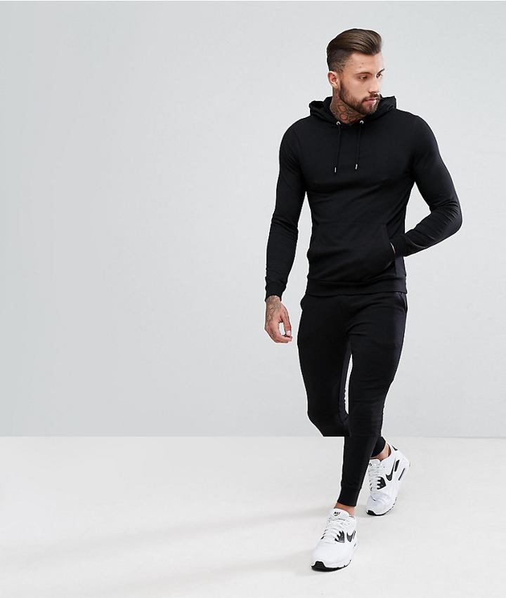 Asos Tracksuit Set Extreme Super Skinny Jogger/muscle Hoodie Black Save - Black