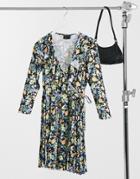 Asos Design Long Sleeve Pleated Mini Wrap Dress In Black Floral Print