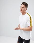 Bershka Taped Sleeves Warning Slogan T-shirt With Uneven Hem In White - White