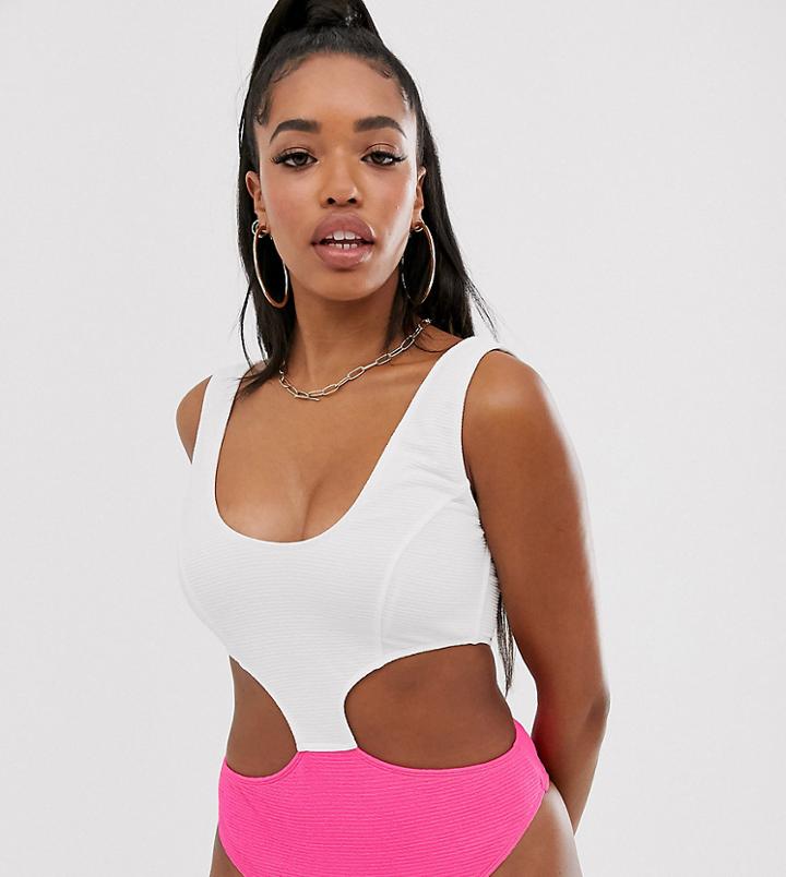 Peek & Beau Fuller Bust Exclusive Scrunch Cut-out Swimsuit In Neon Pink And White D - F Cup