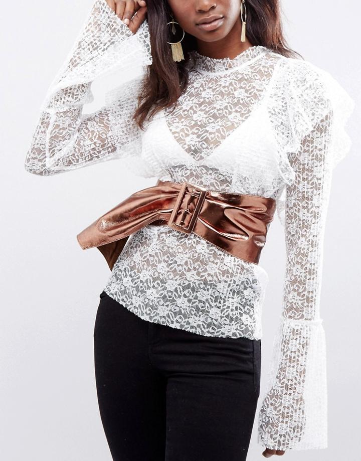 Asos Leather Metallic Sash Self Covered Rectangle Buckle Waist Belt - Gold