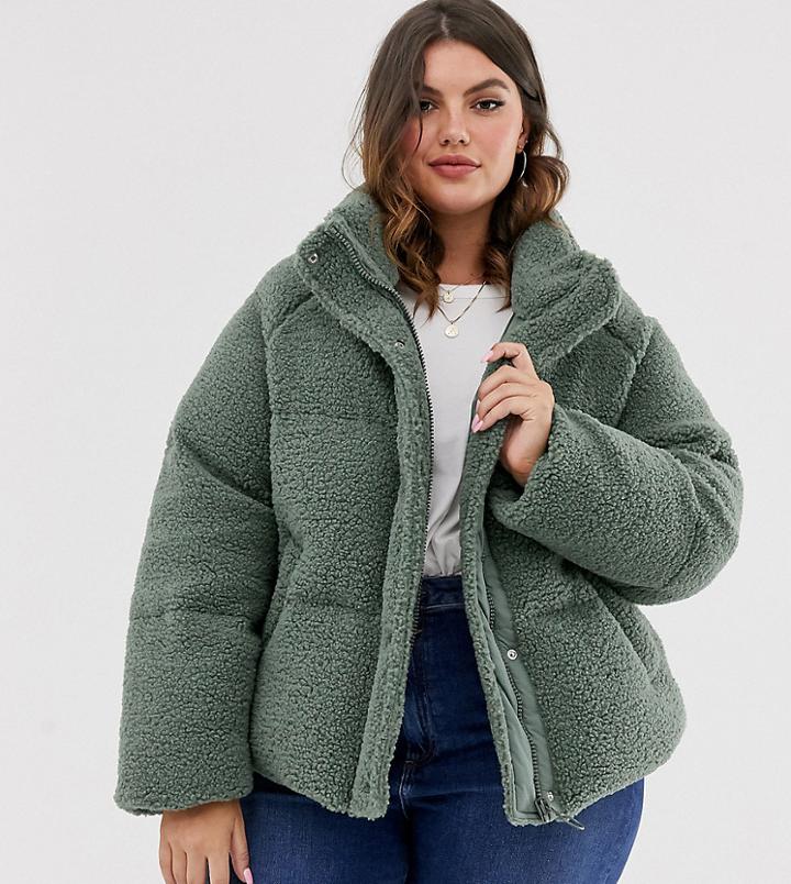Asos Design Curve Fleece Puffer Jacket In Sage-green