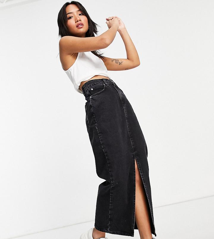 Asos Design Petite Organic Cotton Blend Denim '90s' Maxi Skirt In Washed Black