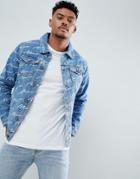 Boohooman Denim Jacket With Man Print In Blue Wash - Blue