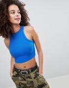 Bershka Ribbed Crop Top In Blue - Blue