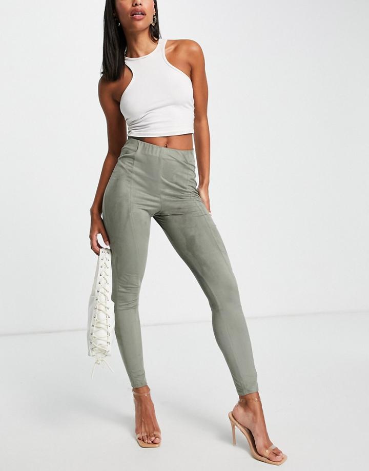 Asos Design High Waist Skinny Pant In Faux Suede In Khaki-green