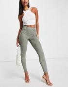 Asos Design High Waist Skinny Pant In Faux Suede In Khaki-green