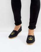 Asos Canvas Espadrilles In Black With Crown Embroidery - Black
