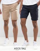 Asos Tall 2 Pack Slim Chino Shorts In Stone & Navy Save - Multi