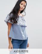 Asos Petite Stripe Off Shoulder Top With Embroidery - Multi
