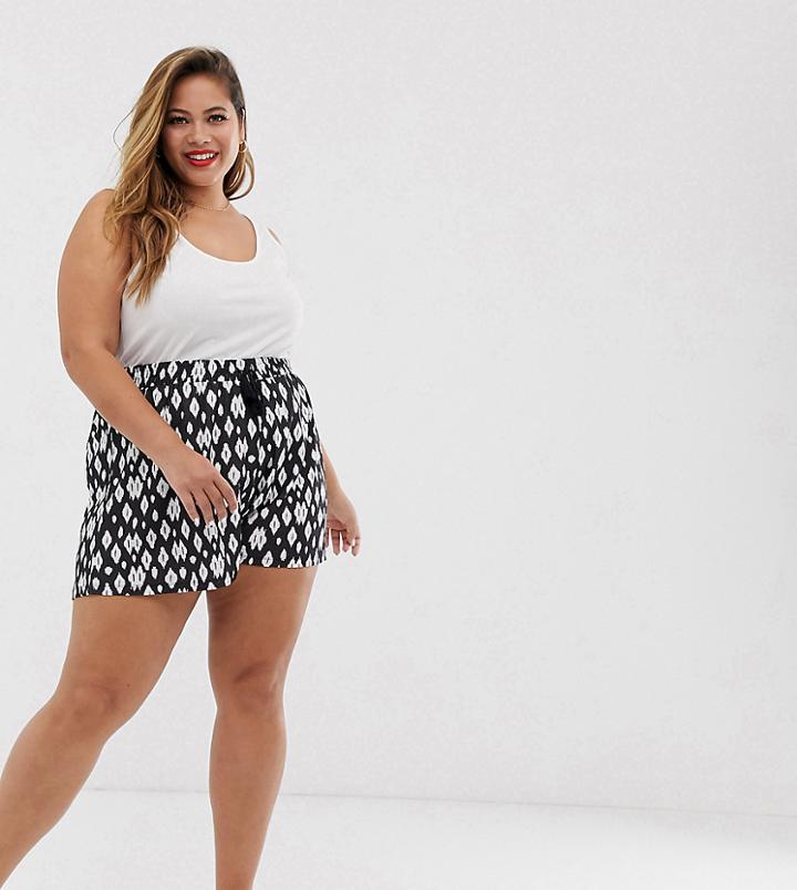 Asos Design Curve Textured Shirred Waist Short In Mono Non-print-multi