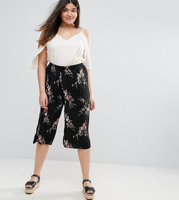 New Look Curve Floral Plisse Crop Pants - Black