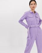 Tomorrow Organic Belted Denim Jumpsuit In Lilac-purple