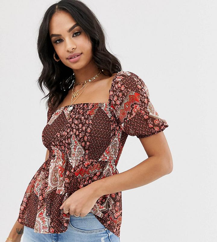 Vila Square Neck Tile Print Smock Top-brown