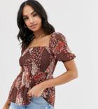Vila Square Neck Tile Print Smock Top-brown
