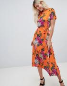 Warehouse Midi Dress With Tie In Floral Print - Orange