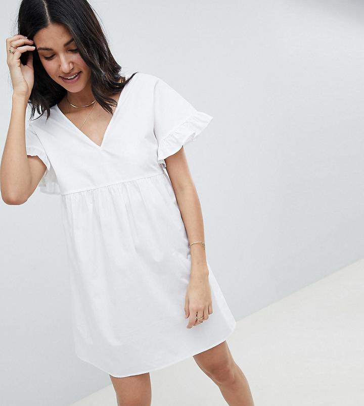 Asos Design Tall V Front V Back Mini Cotton Smock Dress-white