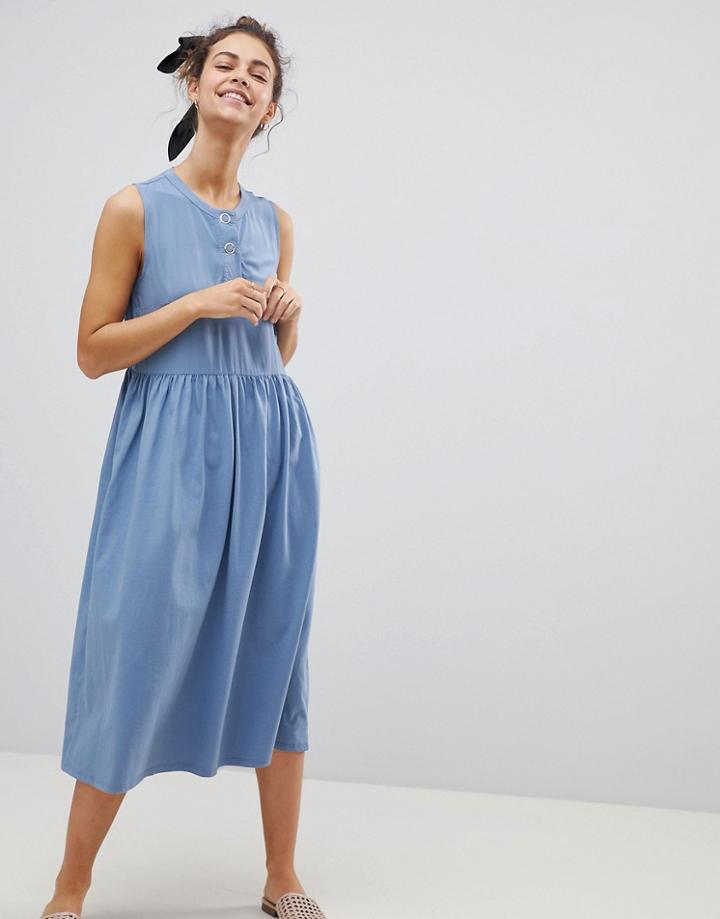 Asos Woven Mix Midi Sleeveless Smock Dress With Button Placket - Blue