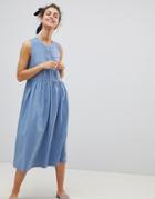 Asos Woven Mix Midi Sleeveless Smock Dress With Button Placket - Blue