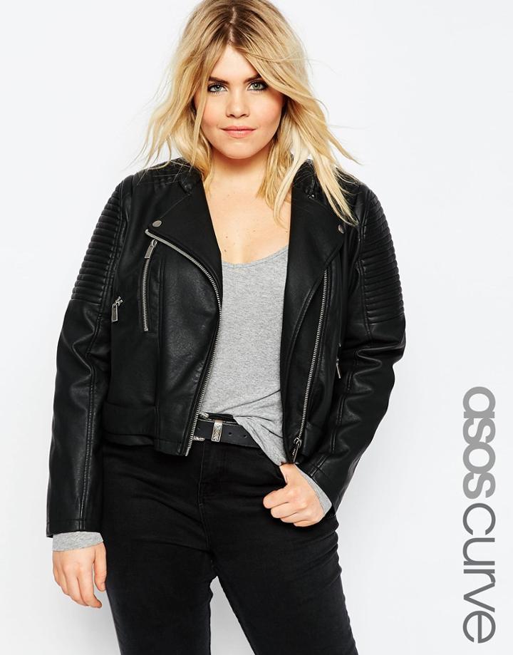 Asos Curve Biker Jacket With Structured Shoulder And Side Belt In Leather Look - Black