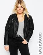 Asos Curve Biker Jacket With Structured Shoulder And Side Belt In Leather Look - Black