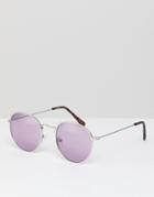 Asos Design Round Sunglasses In Silver With Lilac Lens - Silver