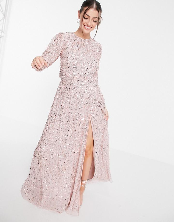 Maya All Over Embellished Maxi Dress With Slit In Frosted Pink