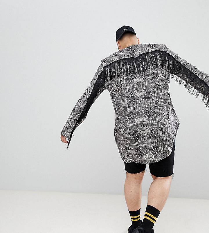 Asos Design Plus Festival Overhead Paisley Printed Shirt With Fringing - Black