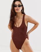 Asos Design Crinkle Scoop Neck High Leg Swimsuit In Shiny Brown - Brown