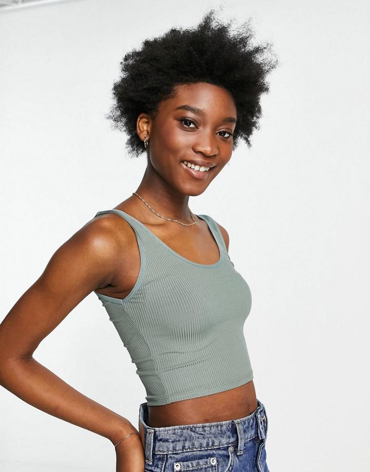 Stradivarius Ribbed Tank In Khaki-green