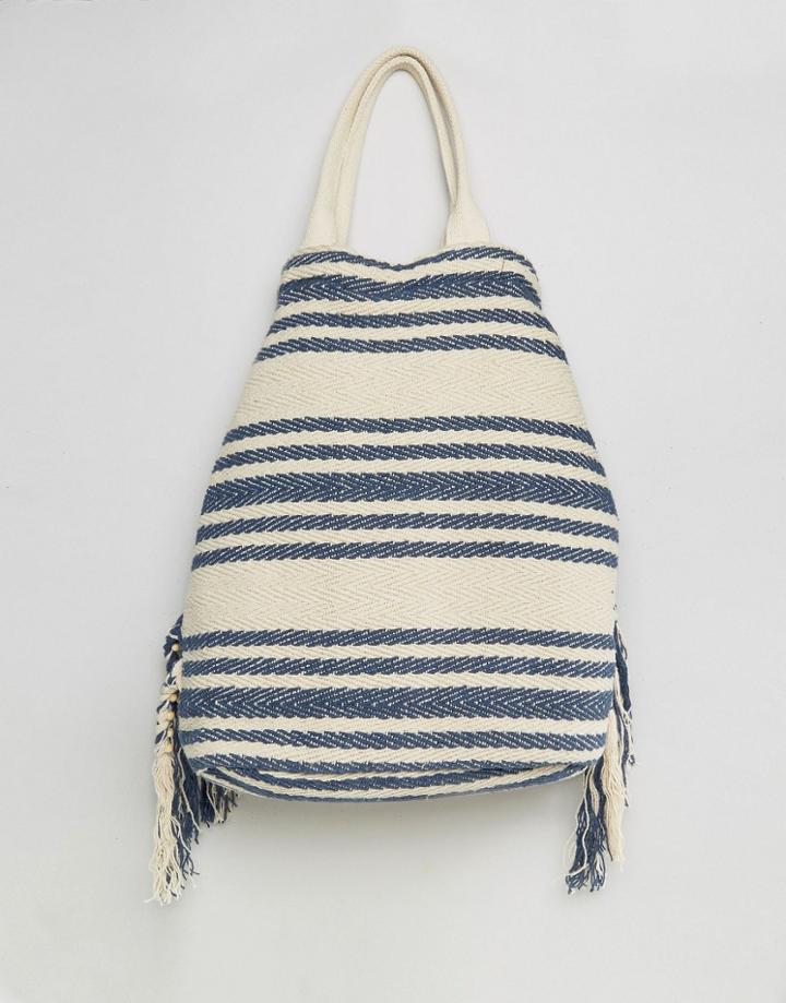 America & Beyond Indigo Striped Fringe Backpack - Blue