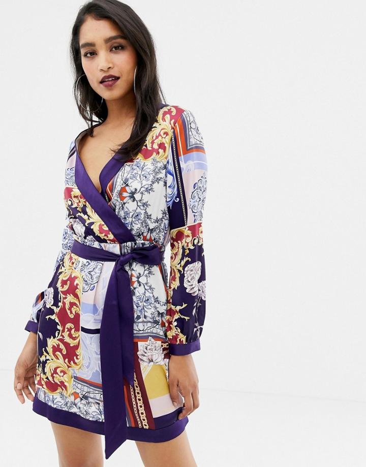 Lipsy Tie Waist Satin Dress In Scarf Print-multi