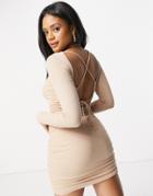 Parallel Lines Ruched Mini Dress With Open Back Tie Detail In Beige-neutral