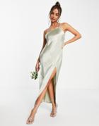 Asos Design Bridesmaid One Shoulder Midaxi Dress In Satin With Drape Back In Sage-green
