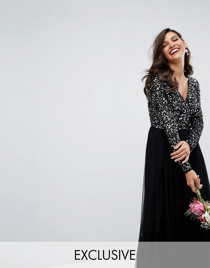Maya Plunge Front Long Sleeve Maxi Dress In Tonal Delicate Sequin And Tulle Skirt - Black