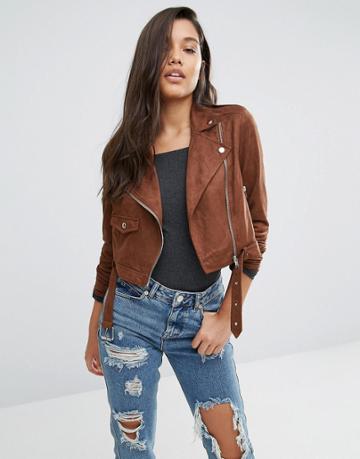 Missguided Faux Suede Biker Jacket - Brown