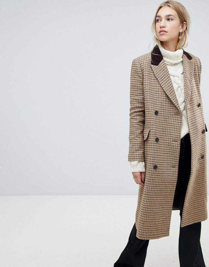Moon River Houndstooth Double Breasted Coat - Brown