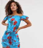 Parisian Tall Off Shoulder Dress With Sleeve Detail In Floral Print-blue