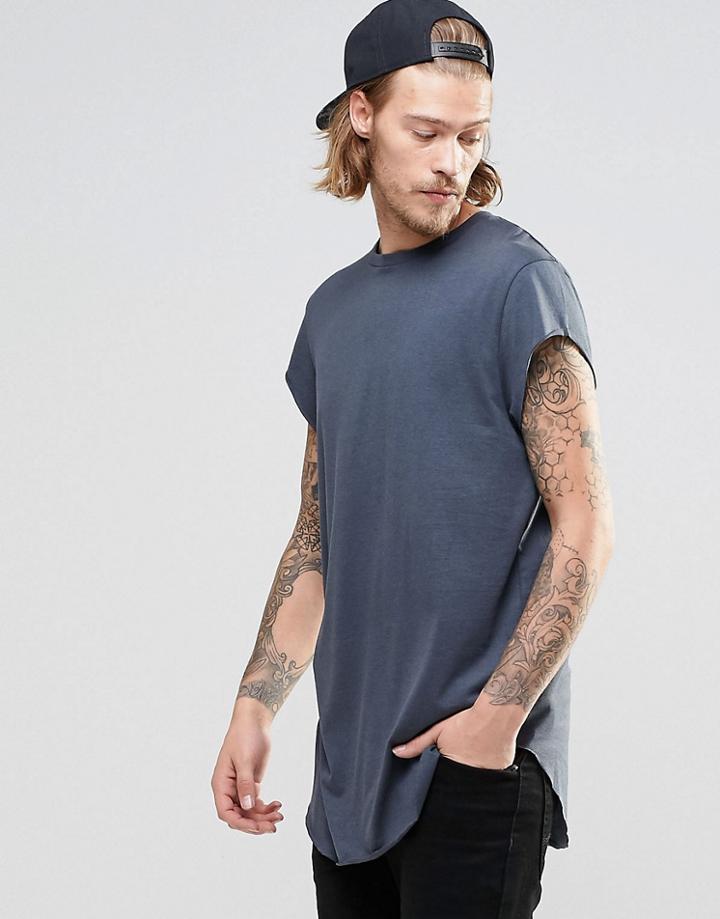 Asos Super Longline T-shirt With Cap Sleeve And Curve Hem In Ebony - Ebony