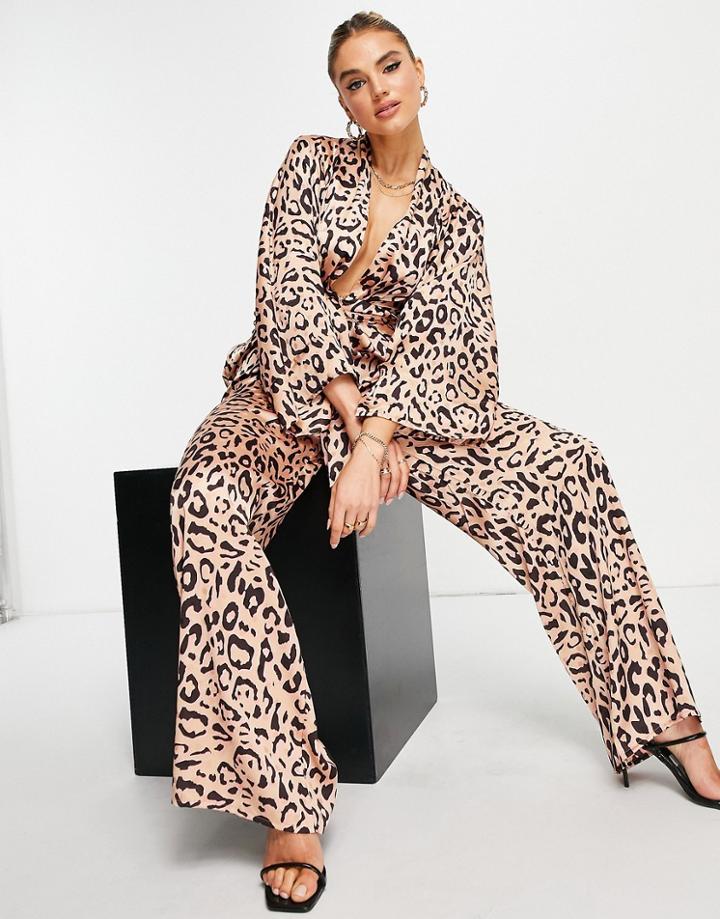 Asos Design Kimono Sleeve Knot Front Satin Jumpsuit In Animal Print-multi