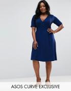 Asos Curve Wrap Midi Tea Dress With Ruched Shoulder - Blue