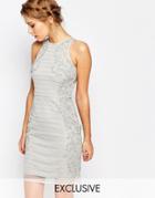 Frock And Frill Embellished High Neck Pencil Dress - Gray