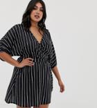 Pink Clove Wrap Dress With Fluted Sleeves In Stripe - Black