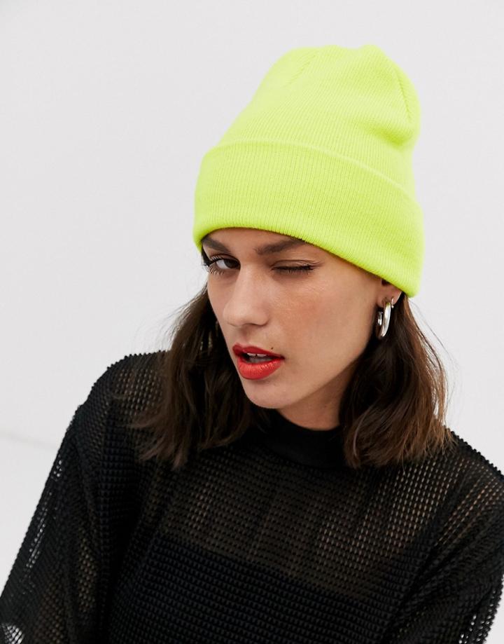 Monki Ribbed Beanie In Lime Green