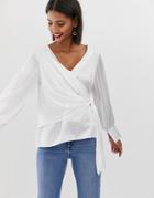Asos Design Long Sleeve V Neck Top With Drape Front And Cuffs-white
