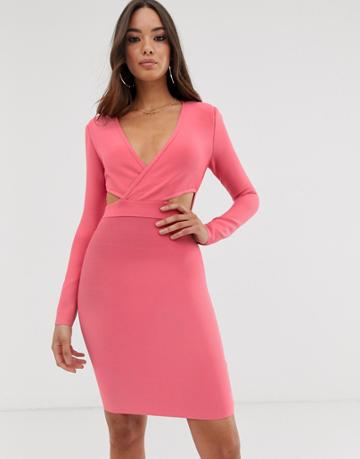 The Girlcode Power Shoulder Bandage Dress In Pink - Pink