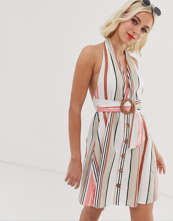 Asos Design Halter Neck Mini Button Through Linen Sundress With Buckle In Stripe-multi